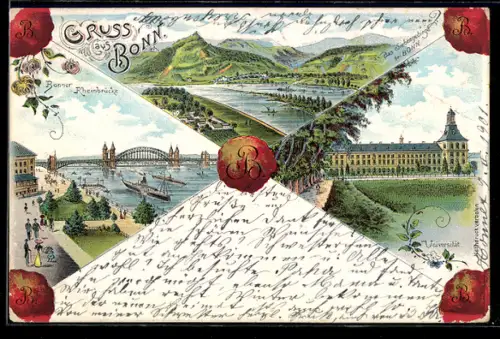 Lithographie Bonn, Gesamtansicht mit Rheinbrücke