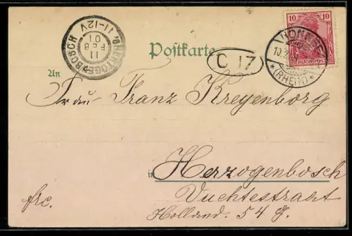 Lithographie Bonn, Gesamtansicht mit Rheinbrücke