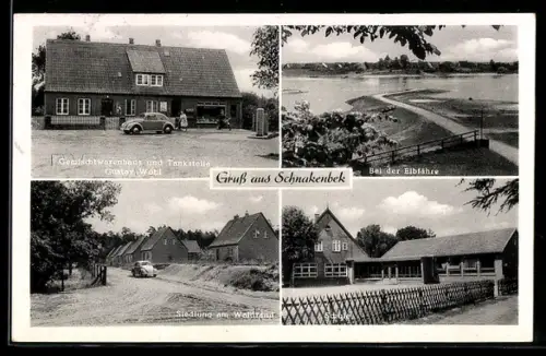 AK Schnakenbek, Gemischtwarenhaus und Tankstelle Gustav Wöhl, Elbfähre, Siedlung Am Waldrand