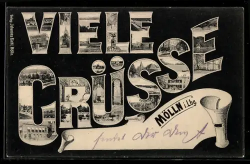 AK Mölln i. Lbg., Verschiedene Ortsansichten im Gruss-Schriftzug