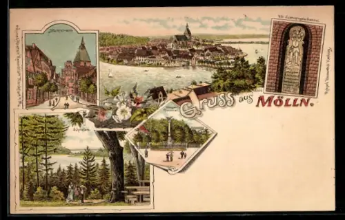 Lithographie Mölln, Panorama, Marktstrasse, Kriegerdenkmal und Schmalsee