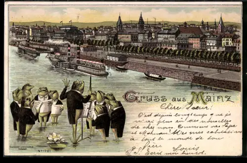 Lithographie Mainz, Froschkonzert im Rhein, Dampfer am Anleger
