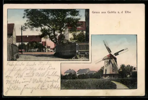 AK Gohlis a. d. Elbe, Ortspartie mit Wohnhäusern, Windmühle