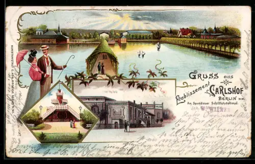 Lithographie Berlin-Charlottenburg, Etablissement Carslhof mit Seesteg, Aussichtsturm, Spandauer Schifffahrtskanal