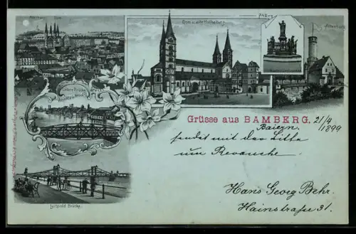 Mondschein-AK Bamberg, Dom und alte Hofhaltung, Altenburg, Luitpold-Brücke, Untere Brücke