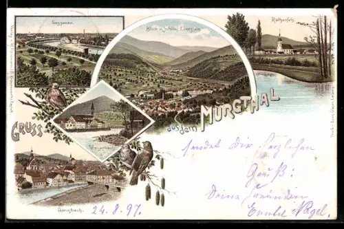 Lithographie Weisenbach / Murghthal, Blick v. Schloss Ebnet, Rothenfels, Gernsbach