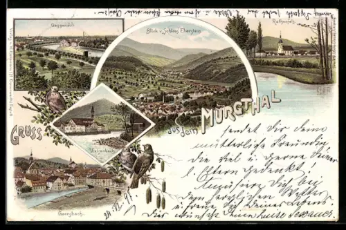 Lithographie Weisenbach / Murghthal, Blick v. Schloss Ebnet, Rothenfels, Gernsbach