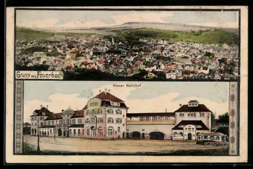 AK Feuerbach, Neuer Bahnhof, Totalansicht des Ortes