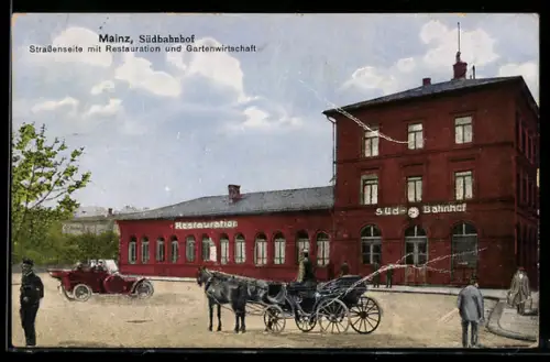 AK Mainz, Süd-Bahnhof, Strassenseite mit Restaurant und Gartenwirtschaft