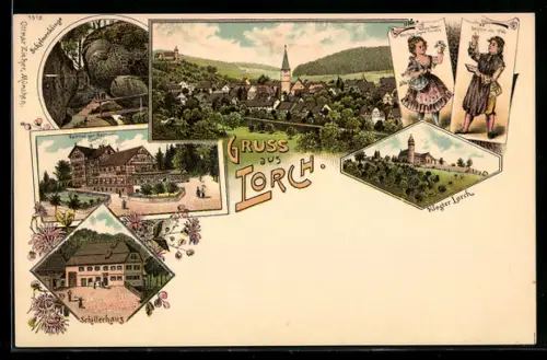 Lithographie Lorch, Gasthof zur Harmonie, Kloster Lorch, Schillerhaus