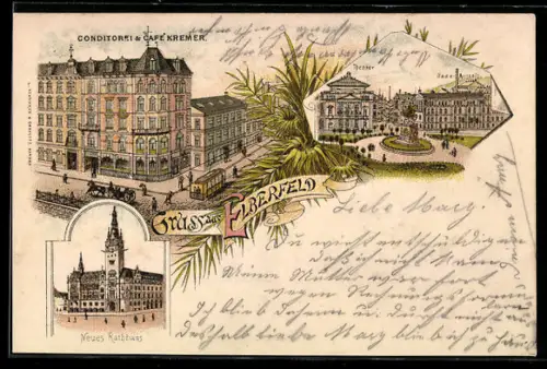 Lithographie Elberfeld, Neues Rathaus, Conditorei und Café Kremer