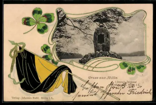 Präge-AK Mölln, Lützow`s Denkmal, schwarz-gelbe Fahne