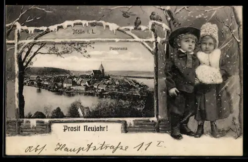 Grusskarten-AK Mölln i. L., Ortsansicht mit Kirche, Kinder in Tracht