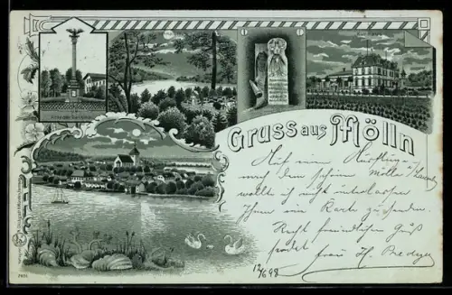 Mondschein-AK Mölln, Kurhaus, Krieger-Denkmal, Schmalsee, Totalansicht desa Ortes mit Kirche