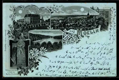 Mondschein-AK Moelln, Kurhaus, Till Eulenspiegel und seiner Mutter Grabmal, Schmalsee