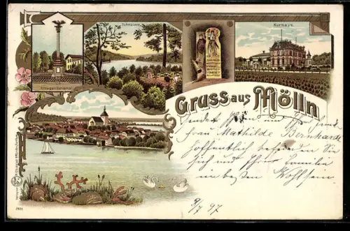 Lithographie Mölln, Krieger-Denkmal, Kurhaus, Schmalsee, Totalansicht des Ortes mit Kirche