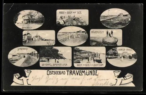 AK Travemünde, Ostseebad, See-Tempel am Brodtner Ufer, Hansa-Haus, Bahnhof