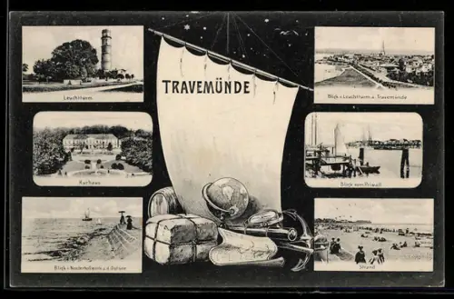 AK Travemünde, Strand, Kurhaus, Leuchtthurm, Blick vom Priwall, Ortsansicht v. Leuchtthurm