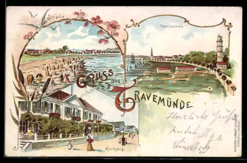 Lithographie Travemünde, Kurhaus, Strand, Ortsansicht