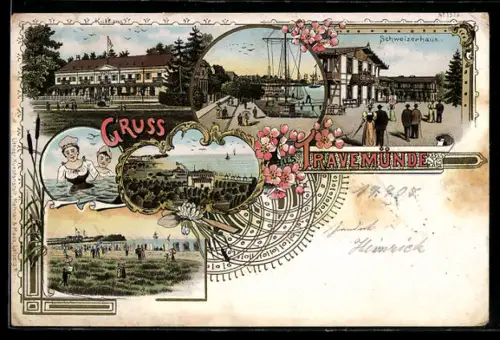Lithographie Travemünde, Kurhaus, Schweizerhaus, Uferpartie