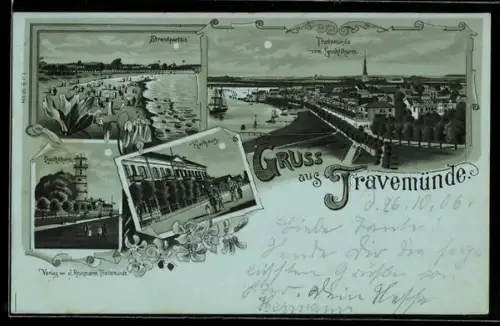 Mondschein-Lithographie Travemünde, Kurhaus, Leuchtturm, Strandpartie
