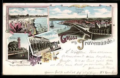 Lithographie Travemünde, Kurhaus, Leuchtturm, Totalansicht