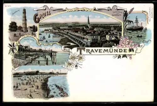 Lithographie Travemünde, Gesamtansicht, Leuchtturm, Vorderreihe & Strandpartie