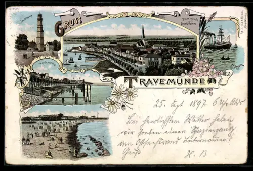 Lithographie Travemünde, Gesamtansicht, Leuchtturm, Vorderreihe & Strandpartie