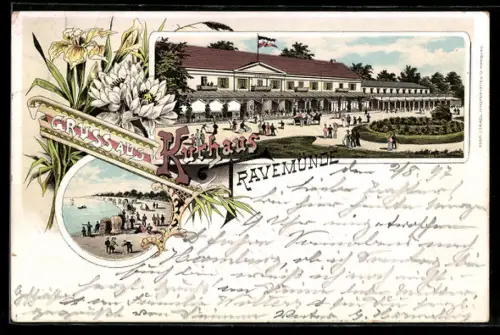 Lithographie Travemünde, Strandpartie und Kurhaus