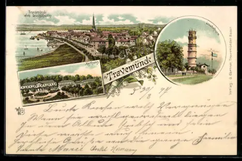 Lithographie Travemünde, Leuchtturm, Kurhaus, Gesamtansicht