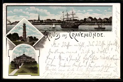 Lithographie Travemünde, Strandpavillon, Leuchtturm, Uferpartie