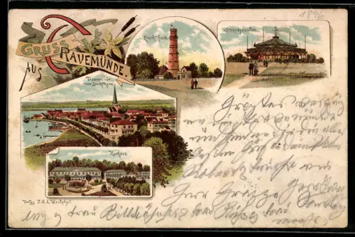 Lithographie Travemünde, Gesamtansicht mit Leuchtturm, Kurhaus & Strandpavillon