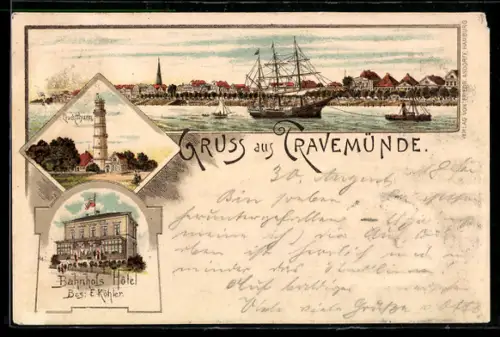 Lithographie Travemünde, Bahnhofs-Hotel, Leuchtturm, Uferpartie