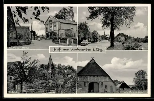 AK Sandesneben i. Lbg., Kaufhaus H. Harms, Alte Bauernhäuser, Dorfpartie