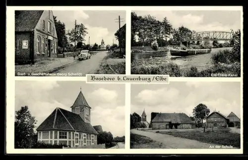 AK Basedow b. Lauenburg, Gast- und Geschäftshaus Georg Schmidt, Elb-Trave-Kanal, Schule