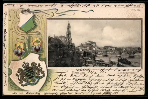 Passepartout-Lithographie Dresden, Landungsplatz mit Kirche, Wappen