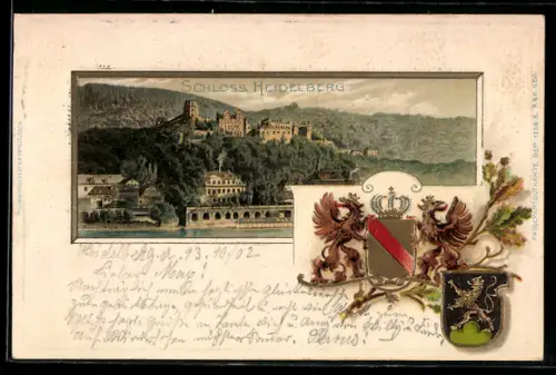 Passepartout-Lithographie Heidelberg, Schloss Heidelberg, geprägtes Wappen, Löwen, Krone