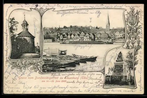 AK Lauenburg /Elbe, Bundessängerfest 1903, Uferpartie mit Kirche, Turm, Denkmal