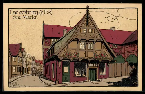 Steindruck-AK Lauenburg, Altes Haus am MArkt