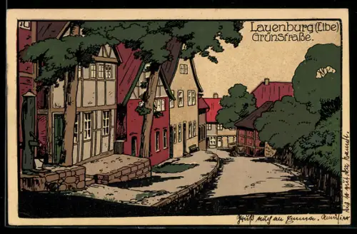 Steindruck-AK Lauenburg /Elbe, Partie an der Grünstrasse