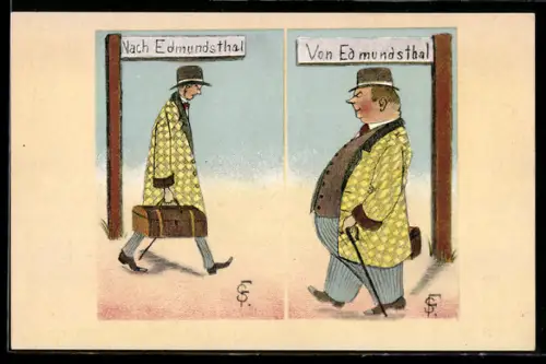 Künstler-AK Edmundsthal, Herr im karierten Mantel am Wegweiser