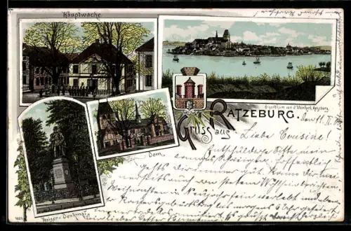 Lithographie Ratzeburg, Hauptwache, Dom, Kaiser-Denkmal