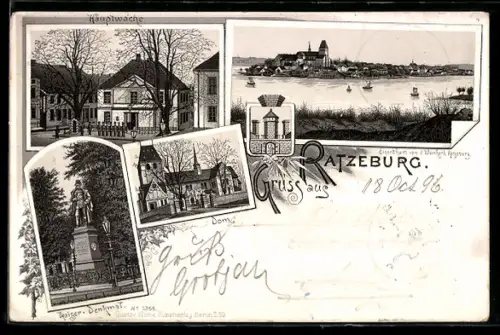 Lithographie Ratzeburg, Hauptwache, Dom, Kaiser-Denkmal