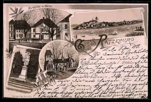 Lithographie Ratzeburg, Marktplatz mit Wache, Dom, Kaiser-Denkmal