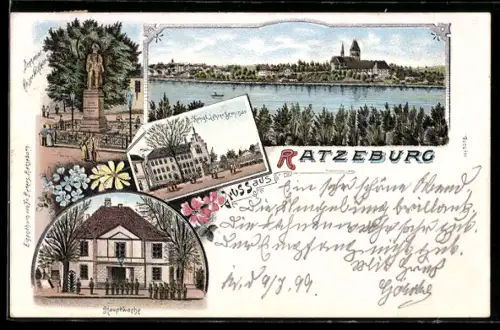 Lithographie Ratzeburg, Hauptwache, Kgl. Lehrer-Seminar, Panorama