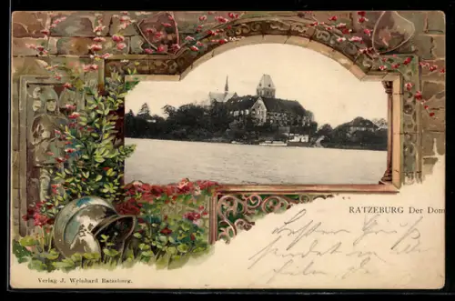 Passepartout-Lithographie Ratzeburg, Blick zum Dom, Ritterhelm im Grass