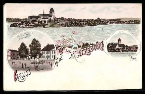 Lithographie Ratzeburg, Uferpartie mit Kirche, Markt mit Wache und Kaiserdenkmal, Dom