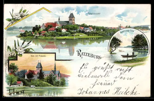 Lithographie Ratzeburg, Demolierungs-Ecke, Dom mit Probstei, Totalansicht