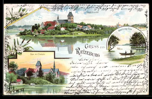 Lithographie Ratzeburg, Demolierungs-Ecke, Dom mit Probstei, Totalansicht