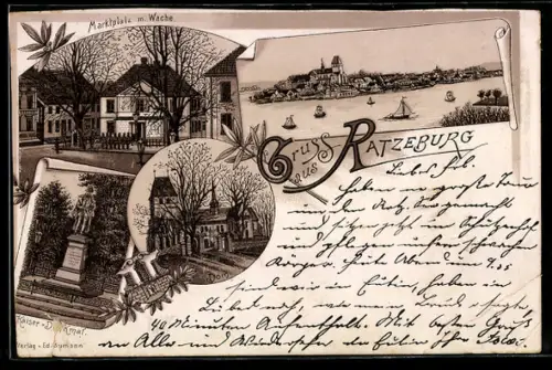 Vorläufer-Lithographie Ratzeburg, 1892, Marktplatz mit Wache, Dom, Kaiser-Denkmal